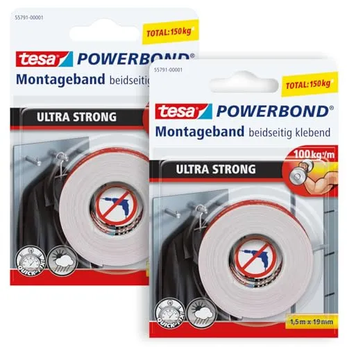 tesa Powerbond ULTRA STRONG im 2er Pack - Doppelseitiges, extra starkes Montageband zur permanenten Befestigung im Außen- und Innenbereich - 1,5 m