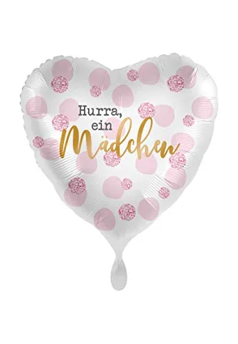 Premioloon 1 Folienballon Geburt Hurra EIN Mädchen Herz rosa weiß 45 cm ungefüllt Ballongas geeignet