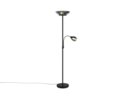 meineWunschleuchte Deckenfluter Schwarz 180cm mit flexibler Leselampe und Glasschirmen Chrom