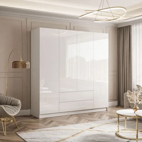 Kippbarer Kleiderschrank AUREL 4D2SZ Weiß Hochglanz - Drehtürenschrank mit elegantem Hochglanz-Finish, bietet großzügigen Stauraum und perfekte Organisation für Ihre Kleidung.