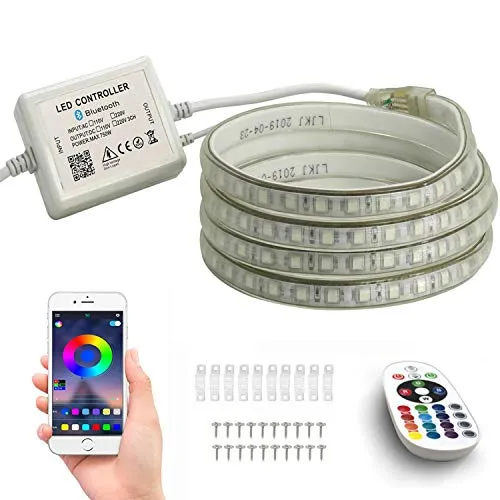 FOLGEMIR 15m RGB LED Streifen, Bluetooth kontrolliert Strip, 220V dimmbar Lichterkette, 5050 SMD 60 LEDs/m Farbwechsel Led Band, wasserdicht Lichtschlauch mit Trafo & 24-Tasten IR Fernbedienung
