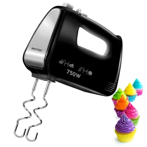 MPM - MMR-19 - Handmixer - Handrührgerät - 750 Watt - mit Schneebesen für Biskuitteig und Knethaken für Hefe-/Brotteig - mit 5 Geschwindigkeiten und Turbostufe - Elektrisch
