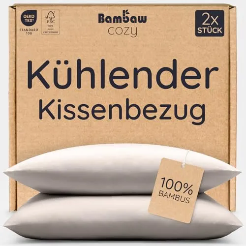 Bambaw Kissenbezug Bambus 40x60 cm, 2-er Pack, 100% Bambus Bettwäsche, weiche Bettwäsche für Allergiker, haarschonender und kühlender Kissenbezug 40x60 cm (Sand)