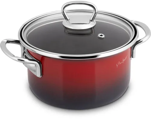 Email Stieltopf mit Deckel, 16 cm Durchmesser, 1,8 l, Rot/Schwarz - Töpfe mit langlebiger Emaille-Oberfläche, kratzfest und ideal für gesundes Kochen. Hochwertige Wärmeverteilung und eleganter Edelstahlgriff.