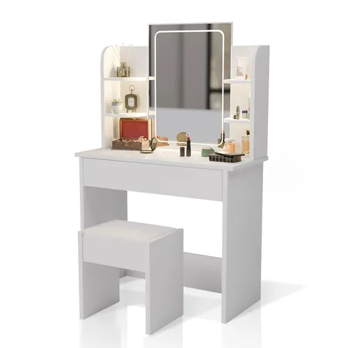 Juskys Schminktisch Zoey mit Hocker Melly - Moderner Schminktisch in Weiß mit Touch-LED-Spiegel: 3-stufig verstellbar für optimale Beleuchtung. Viel Stauraum mit Schublade und Regalfächern — ideal für kleine Räume.