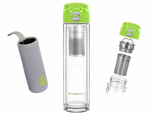 Glas Teeflasche / Isolierflasche / Trinkflasche 400ml mit Sieb, grün