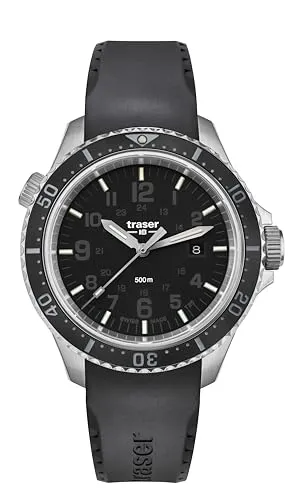 Traser P67 Diver Black Herren Armbanduhr aus Edelstahl und Kautschuk in der Farbe Silber-Schwarz 46mm, Wasserdichtigkeit: 50Bar, 109377