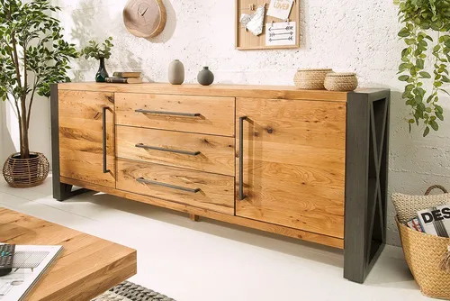 riess-ambiente Sideboard THOR 200cm aus Wildeiche - Massivholz Sideboard im Industrial Style, einzigartiges Design mit viel Stauraum und charakteristischer Maserung für Ihr Wohnzimmer.