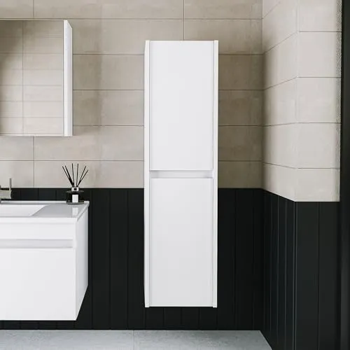 ROOMART Hochschrank Badezimmermöbel Set Atlantic 4-teilig - Komplettprogramm für Badezimmer mit modernem Design, inklusive pflegeleichter Oberflächen und optimalem Stauraum durch 2 Softclose-Türen und 3 Einlegeböden im Hochschrank.