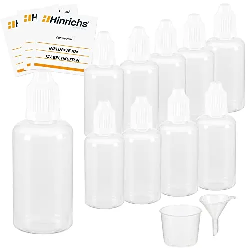 Hinrichs 10 x 50ml Liquid Flaschen mit Trichter, Messbecher und Etiketten