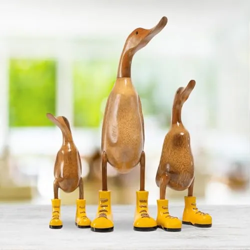 DomDeco Handgefertigte Deko-Figur Ente mit Gelben Stiefeln aus Holz, 25 cm