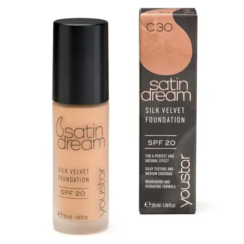 youstar SATIN DREAM Foundation, Feuchtigkeitsspendende Make-up-Grundlage, mittlerer bis hoher Deckkraft, für einen seidig glatten Teint, cremefarbene Textur, natürlich, für unregelmäßige Haut (C30)