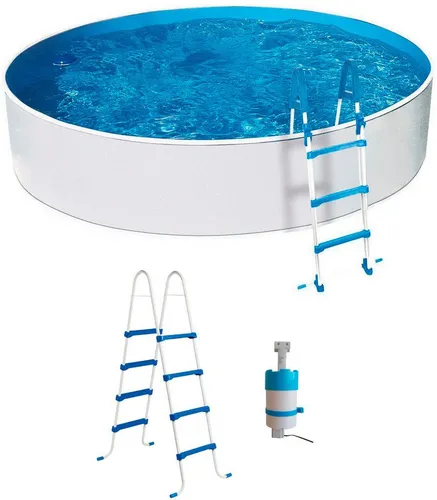 my POOL BWT Rundpool Set, 3-tlg., ØxH: 400x110 cm - Komplettes Poolset mit Einhängekartuschenfilteranlage Skimmy und stabiler Stahlrohrleiter für einfaches Schwimmen und Entspannen im Garten.