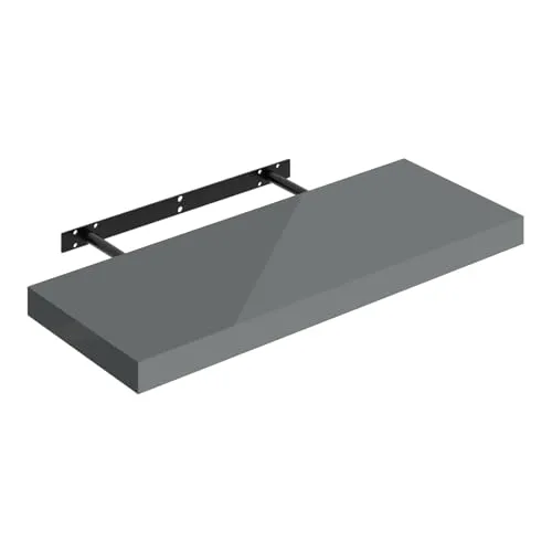 WOLTU Wandregal Regal Wand Schweberegal Regalbrett Wandboard mit Metallhalterung, unsichtbare Montage, für Küche Badezimmer Wohnzimmer Schlafzimmer, aus MDF, Hochglänzend Grau, 60x22,9x3,8 cm