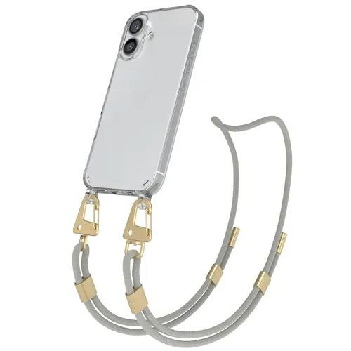 EAZY CASE - Handykette mit Karabiner kompatibel mit iPhone 16 - Hülle Silikonhülle Fallschutz transparente Handyhülle Kette zum Umhängen Schutzhülle in Taupe - Clips Gold