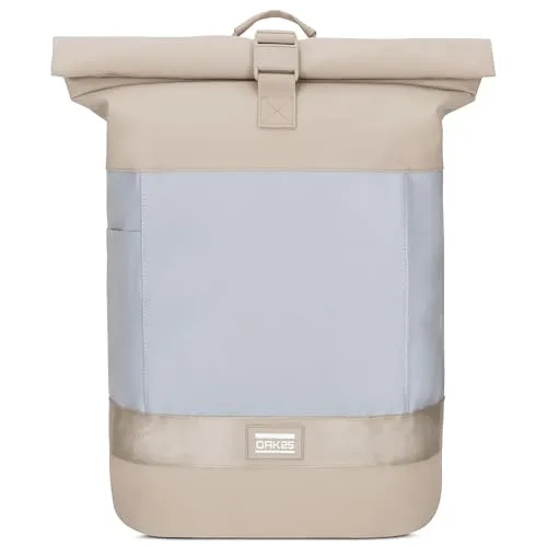 OAK25 Rolltop Rucksack - Beige, Reflektierender Fahrradrucksack für Damen & Herren - Rucksäcke mit 360° Reflexion für hohe Sichtbarkeit im Straßenverkehr. Mit 24l erweiterbar auf 30l und stark gepolstertem Laptopfach - ideal für sicheres Radfahren.