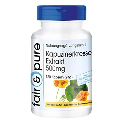 Fair & Pure Kapuzinerkresse Extrakt 500mg, 120 Kapseln, 10-fach konzentriert, Nahrungsergänzungsmittel vegan ohne Magnesiumstearat, in Deutschland hergestellt