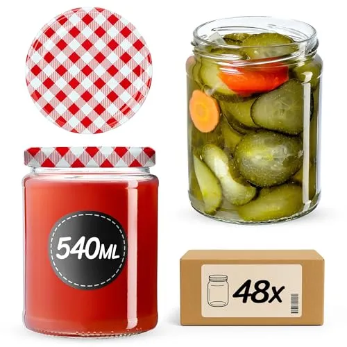 KADAX Konservengläser 540 ml, 48er Set, Rundgläser mit Schraubdeckel Motiv „Rot kariert“ – Einmachgläser zum Einlegen, Einkochen oder Aufbewahren von Marmelade, Obst und Gemüse