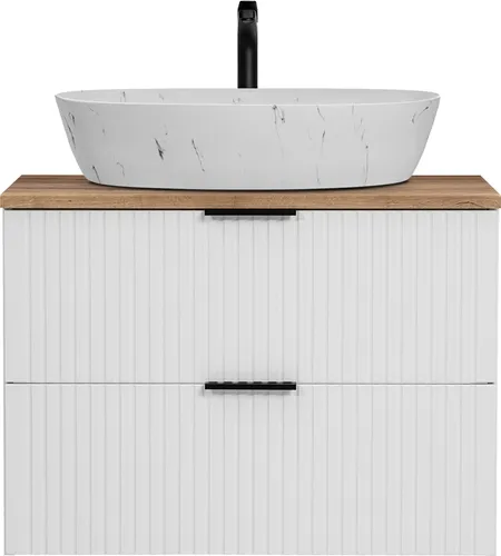 Lomadox Waschtisch ADELAIDE-56-WHITE, 80cm - Moderne Badmöbel-Serie in matt weiß mit Eiche Nb. und eleganter Rillenoptik, ausgestattet mit Softclose-System für geräuschloses Schließen der Türen und Schubladen.