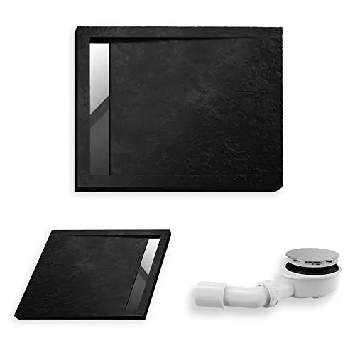 KOLMAN Duschwanne 120x100 cm Rechteck, Schwarz, Acryl, Flach, Steinoptik, Edelstahl Gebürstet Rinne + Ablaufgarnitur Ø 90 mm, Design-Duschtasse Rechteckig West New