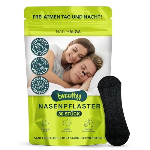 Breethy Nasenpflaster Schwarz, 30 Stück Nasenstrips gegen Schnarchen, Nasenstripes besser Atmen bei verstopfter Nase, Anti Schnarch Nasal Strips, Extra starker Halt für erholsamer Schlaf & Sport