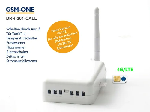 DRH-301-CALL-V4: Flexibler GSM Fernschalter 4G/LTE:Toröffner, kostenlos Schalte