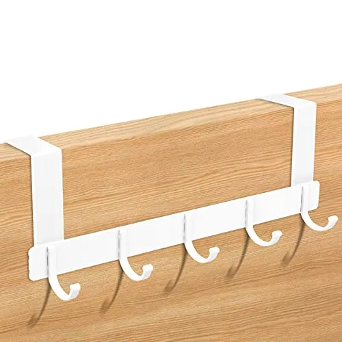 Türaufhänger mit 5-Haken,Türgarderobe Türhaken,Türgarderobe Hakenleiste Abnehmbar Türhaken, Edelstahl Rostfrei Türhänger für die Tür Ohne Bohren Kleiderhaken für Türfalzstärken bis 1-2cm (white)
