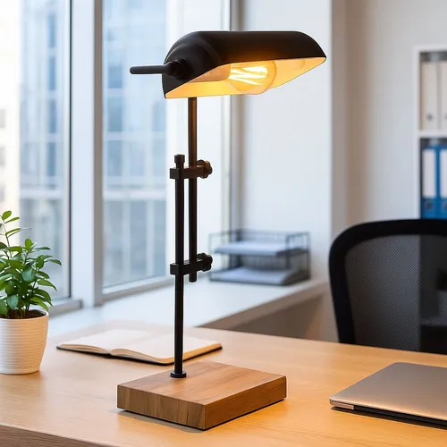 Höhenverstellbare Tischlampe - Moderne Bankerlampe in Schwarz und Holzoptik - Tischleuchten für stilvolle Akzente, höhenverstellbar und mit warmweißem LED-Leuchtmittel, ideal für Büro und Wohnzimmer.