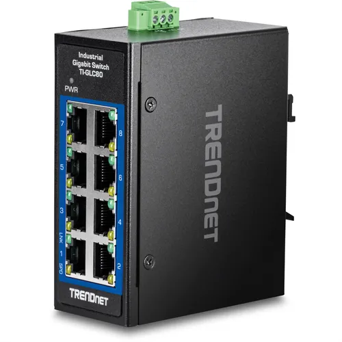 Trendnet TI-GLC80 8-Port Gigabit Industrial Switch - Netzwerk-Switch mit 8 Ports, ideal für industrielle Anwendungen, zuverlässige Leistung und einfache DIN-Rail-Montage für flexible Installationen.