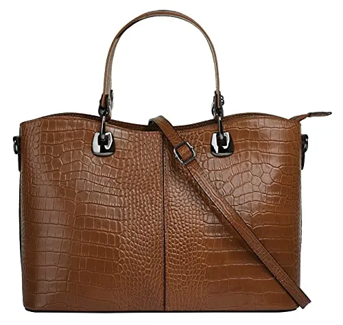 Henkeltasche CLUTY, Damen, echtes Leder in Cognac, Made in Italy - Elegante Handtasche im angesagten Croco-Look mit zweigeteiltem Hauptfach für optimale Organisation. Aus 100% Rindleder, verstärkt mit Bodennägeln für langen Gebrauch. Ideal für stilbewusste Frauen.