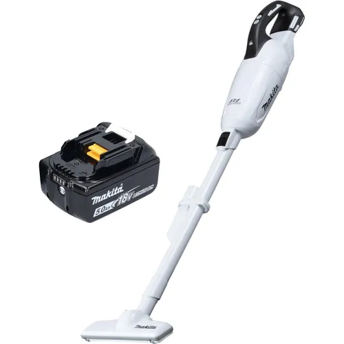 Makita DCL 281 FT1W Akku Staubsauger 18 V - Bodenstaubsauger mit hoher Saugkraft und bürstenlosem Motor für lange Lebensdauer. Ideal für Werkstatt, Auto und Treppenhaus. Inklusive 5,0 Ah Akku für effiziente Nutzung.