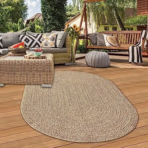 Teppich-Traum Outdoor Teppich modern robust Jute Look wetterfest Balkon Garten Terrasse 140x200 cm oval
