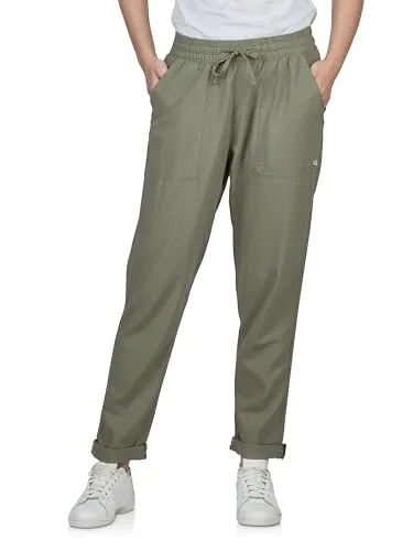 DENIMFY Leinenhose Damen Sommer lang Sommerhose leicht Strandhose Regular Fit DFLinda Freizeithose Gummizug Einfarbig Grün M, Größe:M, Farben:Washed Olive