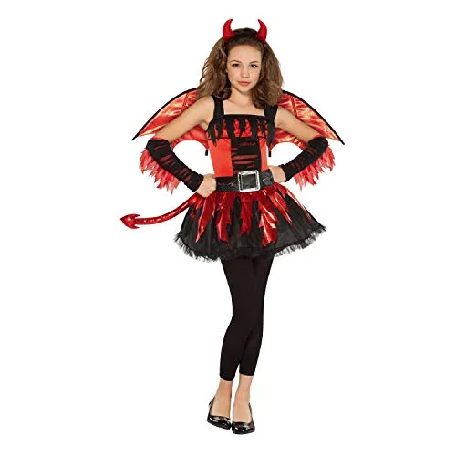 Amscan Kinder Teufelin Kostüm (12-14 Jahre) - Kostüm für Kinder, ideal für Halloween und Mottopartys, inklusive Kleid, Flügel, Armstulpen und Leggings in Rot und Schwarz.
