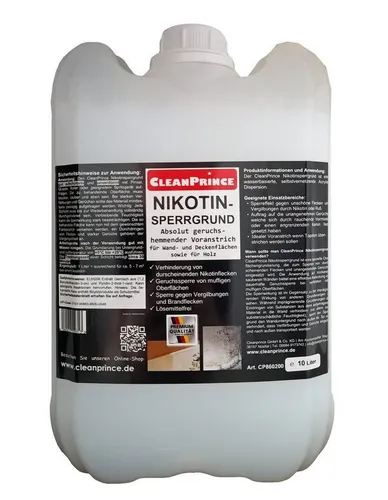 CleanPrince Nikotin-Sperrgrund 10 Liter | Effektive Grundierung gegen Nikotinflecken - Grundierung mit Sperreffekt für Wände und Holz, verhindert unschöne Flecken und Gerüche von Nikotin oder Ruß. Ideal für Renovierungen und Tapetenüberstrich.