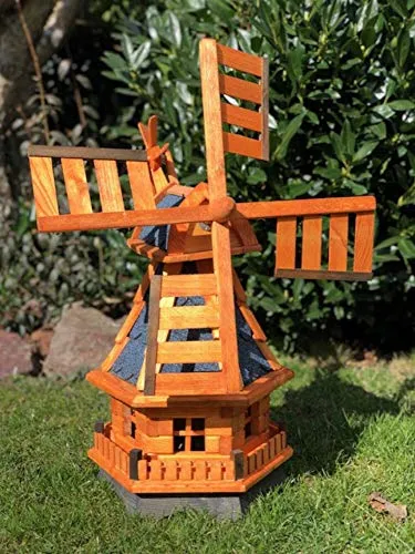 DARLUX dekorative handgefertigte Garten Windmühle aus Holz kugelgelagert I imprägniert in Braun I wetterfest I Windrad hinten am Kopf I Größen (Blau L)