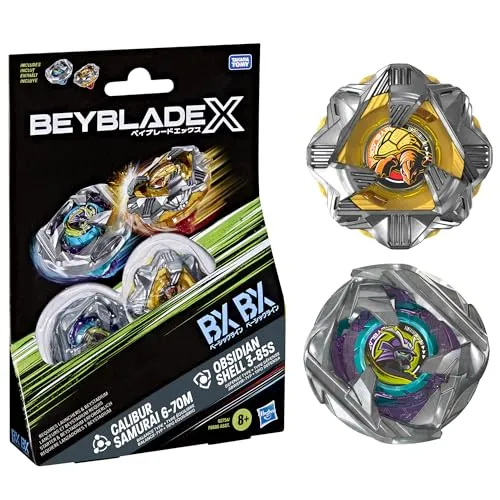 Hasbro Beyblade X Calibur Samurai 6-70M BX & Obsidian Shell 3-85S BX Takara Tomy Dual Pack Set mit 2 rechtsdrehenden Kreiseln, Kampfkreisel-Spielzeug, ab 8 Jahren