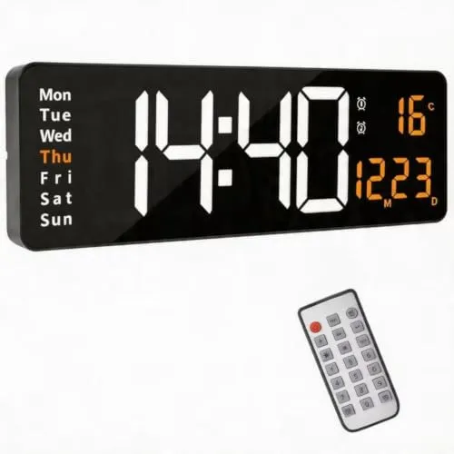 Morwealth 16'' Wanduhr Digitale Groß mit Fernbedienung,LED wanduhr digital Funk mit Display,Uhr,Timing und Countdown mit Datum/Woche/Temperatur für Schlafzimmer,Wohnzimmer,Büro (Orange)