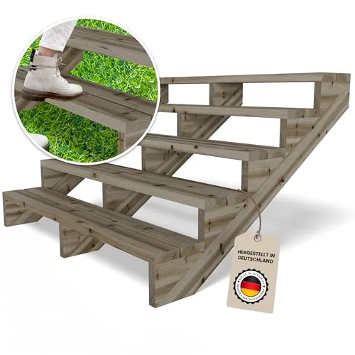 Gartenwelt Riegelsberger Terrassentreppe Breite 150 cm Treppe mit 5 Stufen Geschosshöhe 89 cm Massivholz Kiefer kesseldruckimprägniert Komplett-Set Wangen, Bohlen & Schrauben