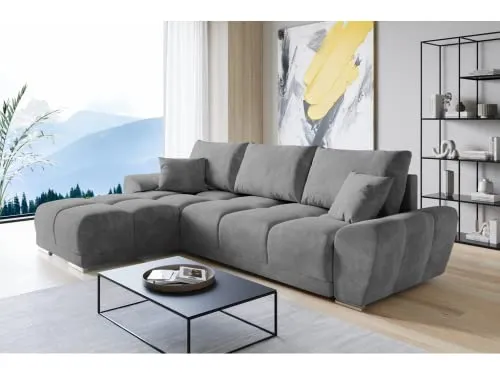 ML Furniture Velvet Ecksofa in L-Form – Grau Sofa – Couch mit Stauraum und Kissen - Ausziehbares Schlafsofa – Sofa mit Schlaffunktion - Schlafsofa mit Bettkasten – Gästebett – 289 x 189 cm