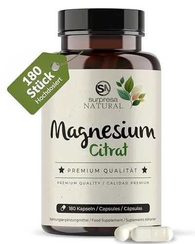 Surpresa Natural Magnesiumcitrat Kapseln hochdosiert I 1x 180 Kapseln I 1500mg Magnesiumcitrat & 240mg reines Magnesium pro TagesdosisI Nahrungsergänzungsmittel vegan & laborgeprüft