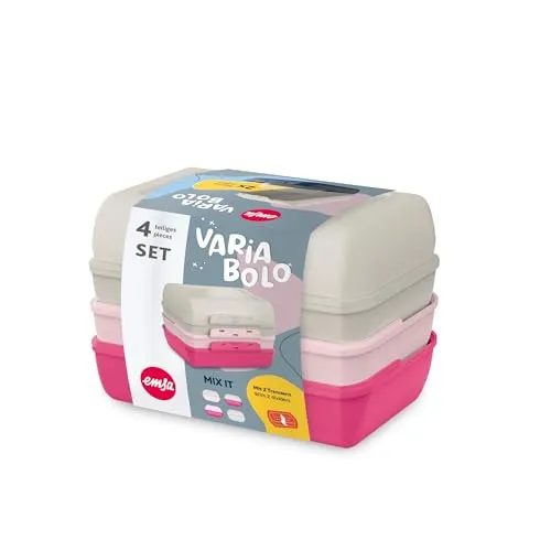 Emsa Variabolo Brotdosen-Set 4-tlg., für unterwegs, platzsparend, verschieden färbige Halbschalen, mehrere Farbkombinationen möglich, spülmaschinenfest, Grau/Pink, N1111000
