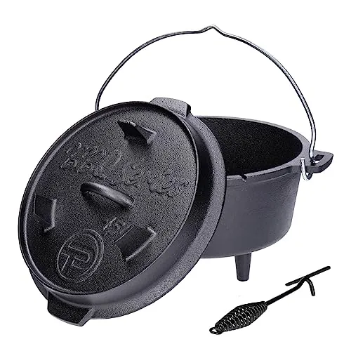 Premium Dutch Oven aus Gusseisen GDO45P (ca. 4,5 Liter) | Füße an Topf und Deckel | Thermometerdurchführung | inkl. Deckelheber | Verschiedene Größen | bereits eingebrannt (preseasoned)