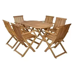 TRIZERATOP Garten-Essgruppe aus Akazienholz – 6-teilig, klappbar, wetterfest - Entspannen Sie im Freien mit dieser 6-teiligen Gartenmöbelgarnitur aus robustem Akazienholz. Klappbare Stühle und ein großer Tisch bieten Flexibilität und hohen Sitzkomfort – ideal für Garten und Terrasse.