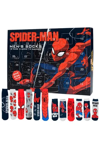 Marvel Spiderman Adventskalender - 12 Paar Socken für Herren Größe 40-45, tägliche Überraschung für Superhelden-Fans