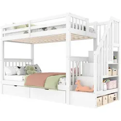 Stilvora Etagenbett Weiß aus Holz, 90x200 cm für Kinderzimmer - Praktisches Etagenbett für Kinder ab 6 Jahren, maximiert den Platz im Zimmer und bietet eine sichere Schlafumgebung. Mit 2 Schubladen und stabilem Kiefernholz sorgt es für Ordnung und langlebige Nutzung.