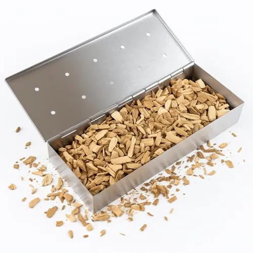 Gardenko Räucherbox aus Edelstahl - Smokerbox für Gasgrill Holzkohlegrill – Smoker Zubehör zum Räuchern von Fleisch Fisch Gemüse – Inkl. Räucherchips (Olche + Buche) – Rauchgenerator für BBQ