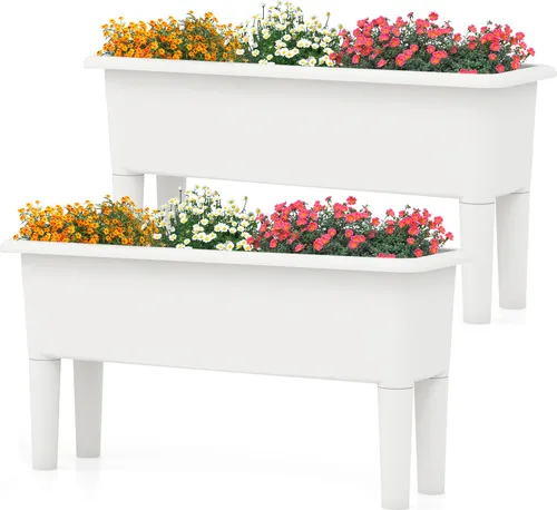 COSTWAY 2er Hochbeet 29 L, Gartenbeet selbstbewässernd aus Kunststoff, Pflanzkasten mit abnehmbaren Beinen & Drainageloch 80x30x40cm Weiß