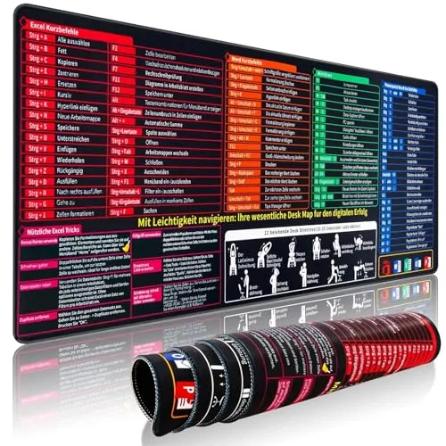 Omtofo Mauspad XXL-Excel Schreibtischunterlage Deutsch, 900x400x3mm Mauspad Groß Mit Excel Shortcuts Schreibtischunterlage, BüRozubehöR Desk Mat Mousepad FüR Office Word PPT Windows