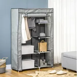 Stoffschrank Grau Mit Stahlgestell, 6 Fächer Und Kleiderstange, 103 X 43 X 162,5 Cm